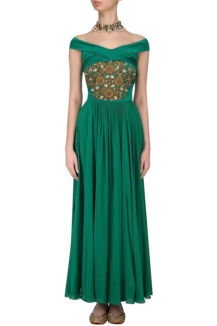Green off shoulder zardozi embroidered kurta and churidaar set available only at Pernia's Pop Up Shop.