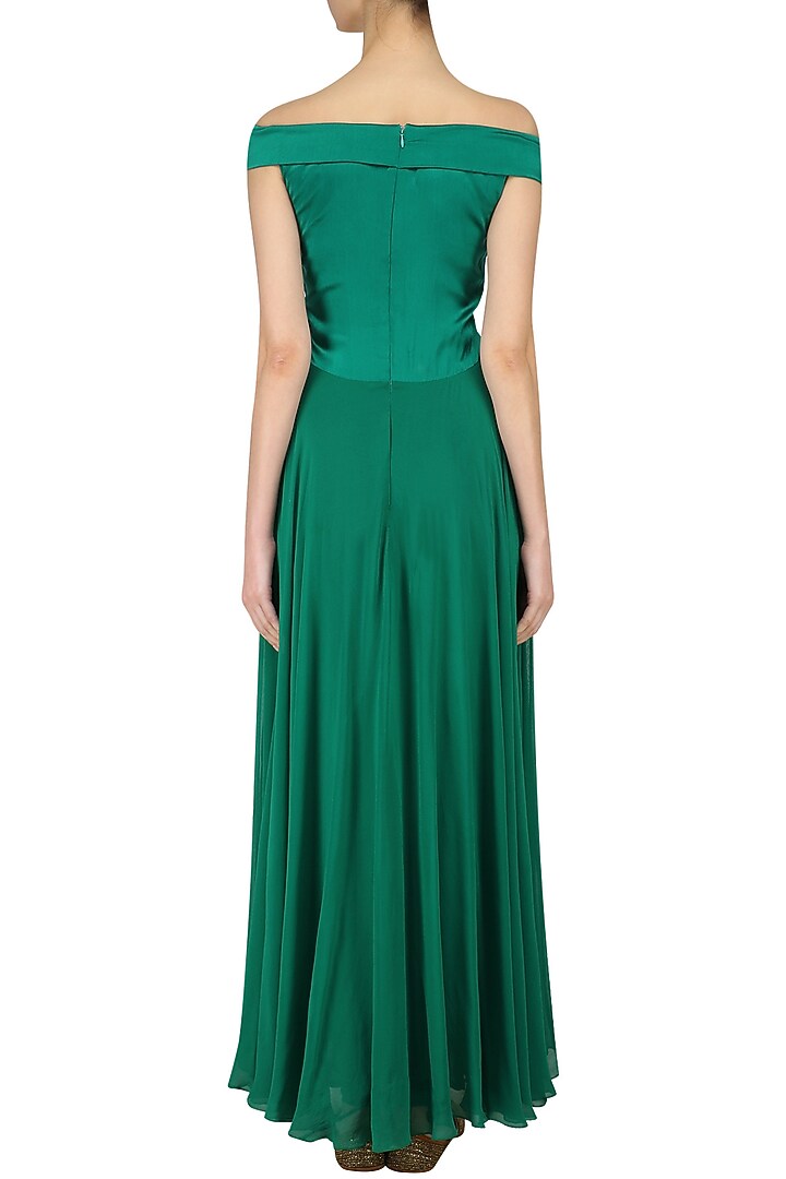 Green off shoulder zardozi embroidered kurta and churidaar set available only at Pernia's Pop Up Shop.