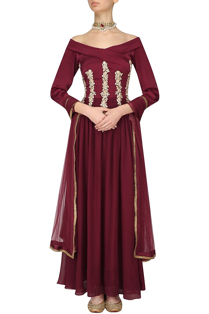 Red off shoulder zardozi embroidered kurta and churidaar set available only at Pernia's Pop Up Shop.