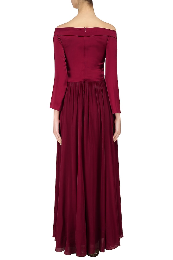 Red off shoulder zardozi embroidered kurta and churidaar set available only at Pernia's Pop Up Shop.