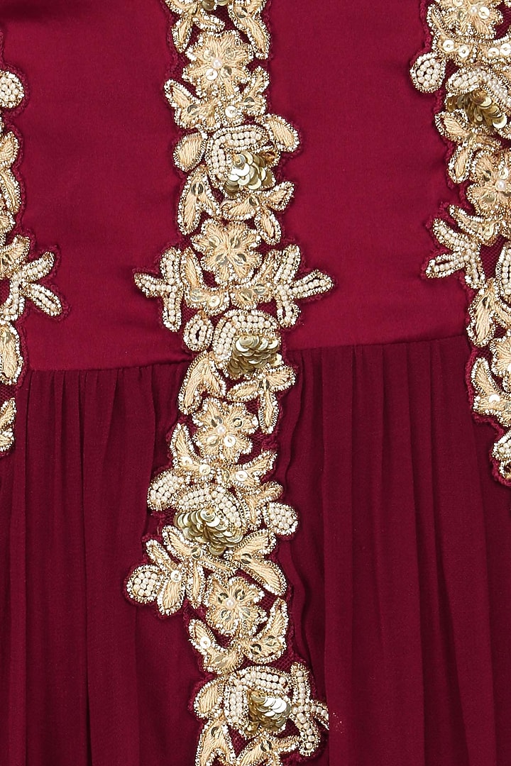 Red off shoulder zardozi embroidered kurta and churidaar set available only at Pernia's Pop Up Shop.