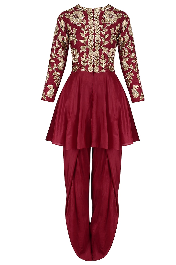Red Zardozi Embroidered Peplum Jacket and Tulip Pants Set by Chhavvi Aggarwal