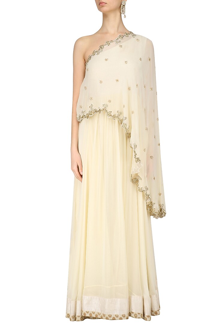 White zardozi embroidered cape anarkali set available only at Pernia's Pop Up Shop.