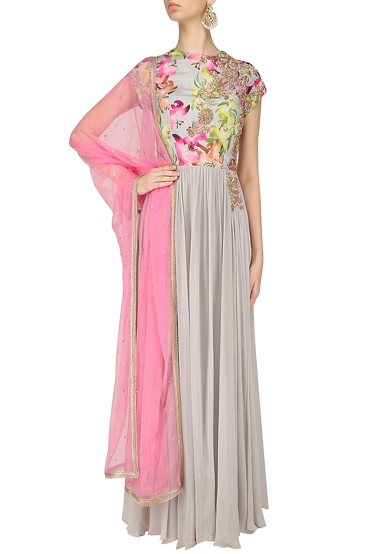 Grey floral printed kurta and churidaar set available only at Pernia's Pop Up Shop.