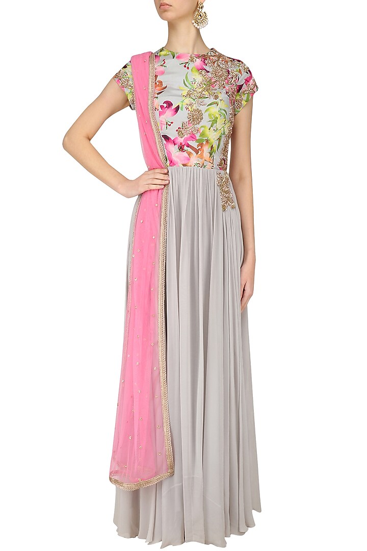 Grey floral printed kurta and churidaar set available only at Pernia's Pop Up Shop.