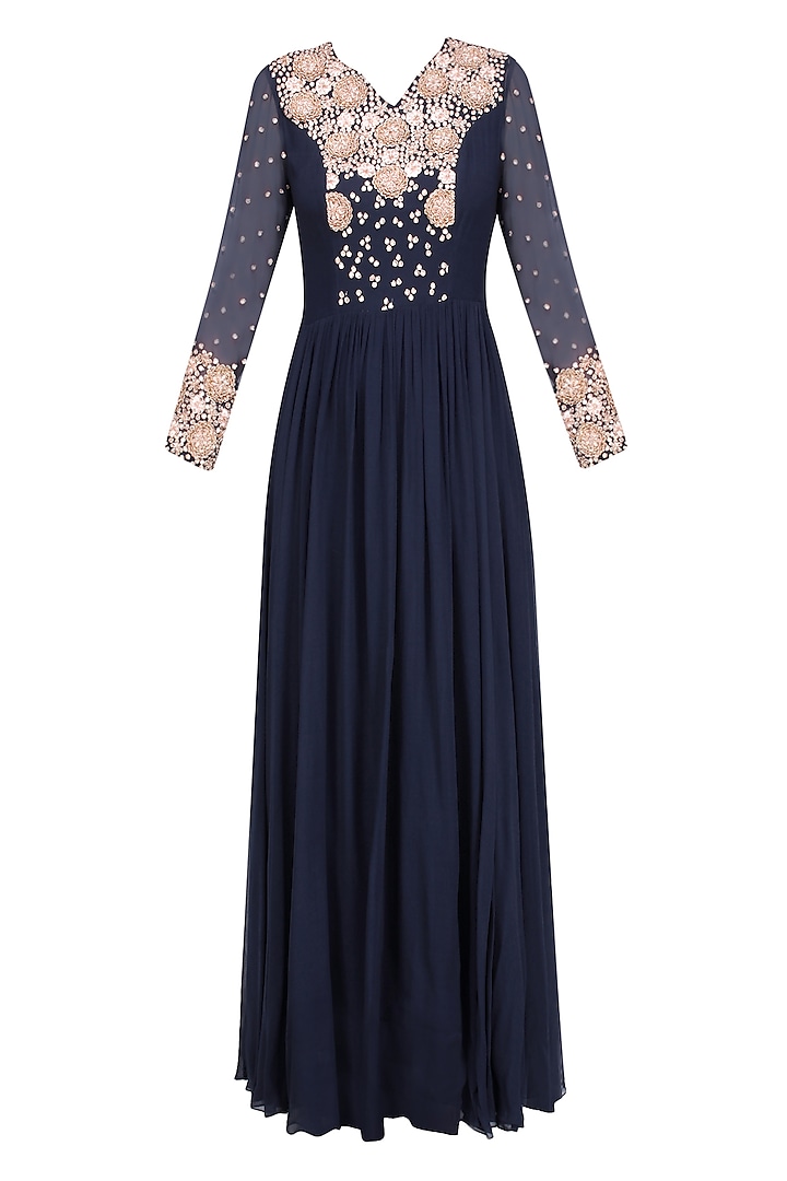 Navy Blue and Nude Embroidered Anarkali Set by Chhavvi Aggarwal
