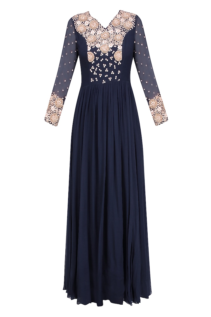 Navy blue and nude embroidered anarkali set available only at Pernia's Pop Up Shop.