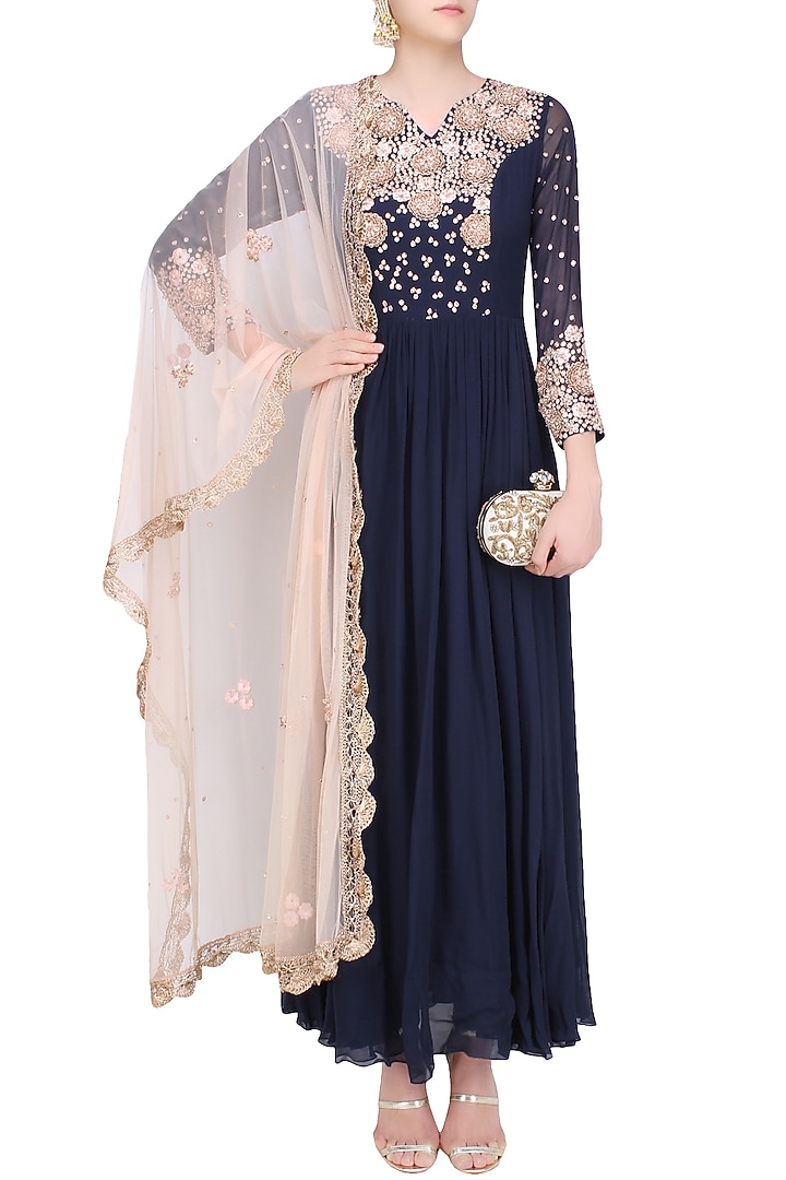 Navy blue and nude embroidered anarkali set available only at Pernia's Pop Up Shop.