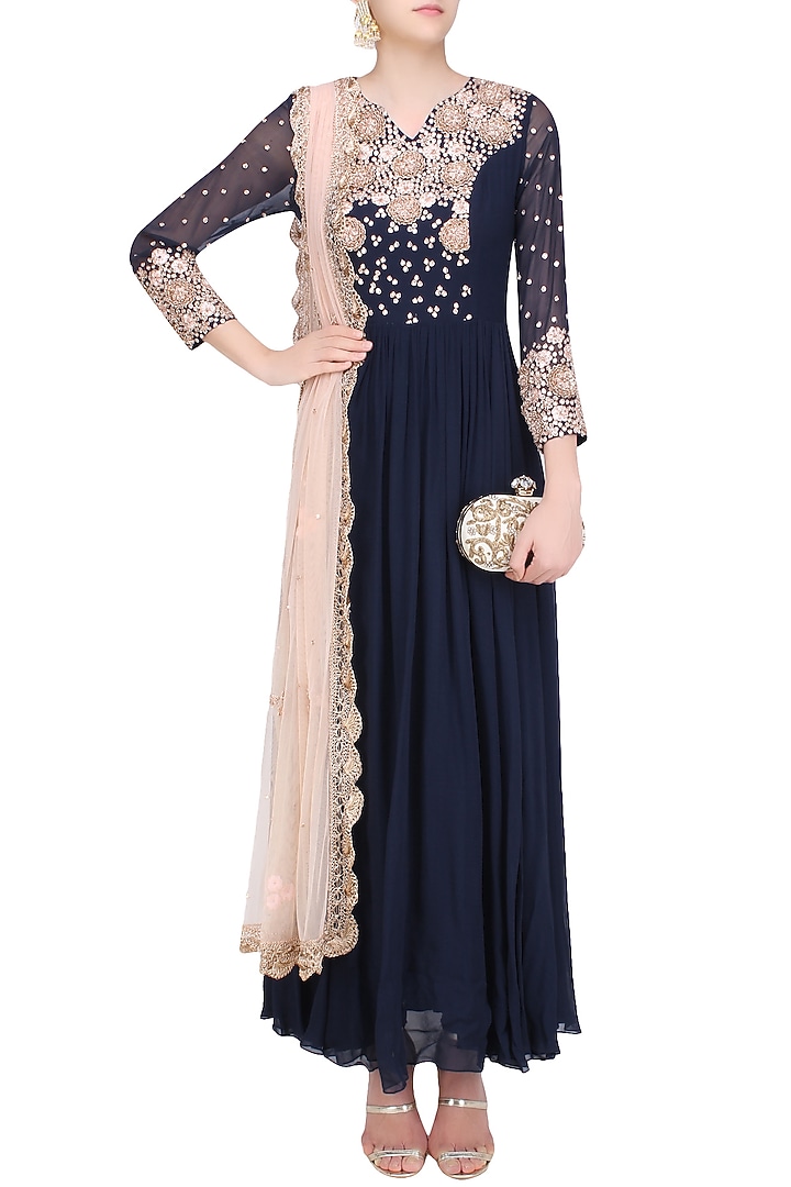 Navy blue and nude embroidered anarkali set available only at Pernia's Pop Up Shop.