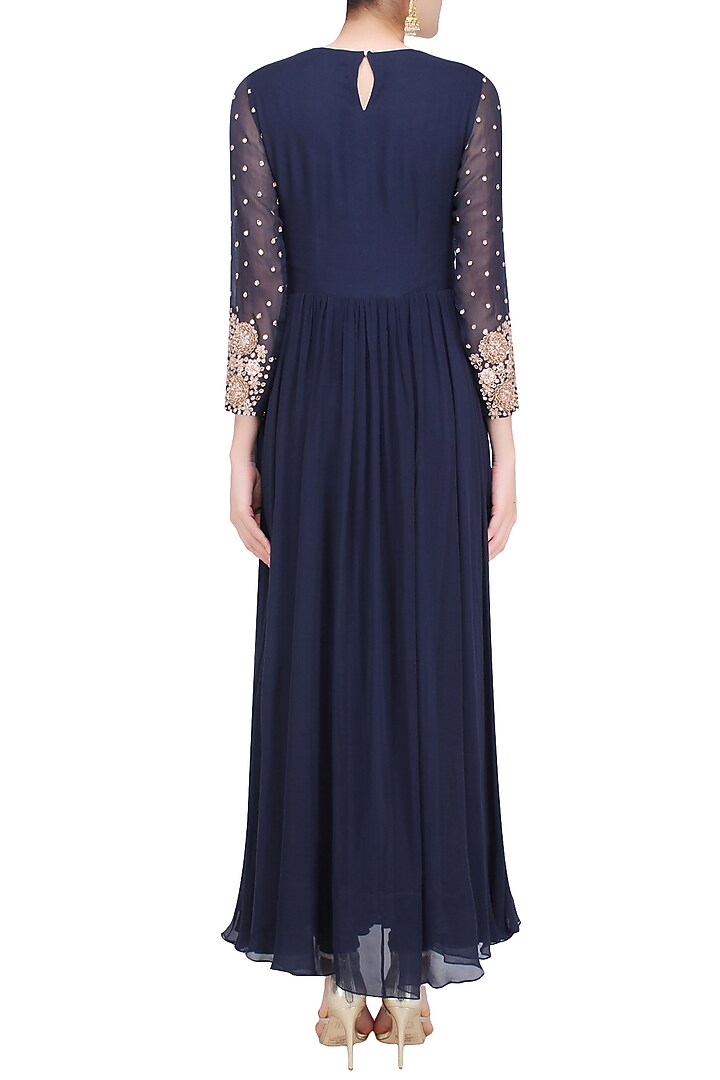 Navy blue and nude embroidered anarkali set available only at Pernia's Pop Up Shop.