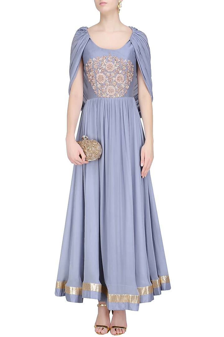 Grey embroidered cape sleeves anarkali set available only at Pernia's Pop Up Shop.