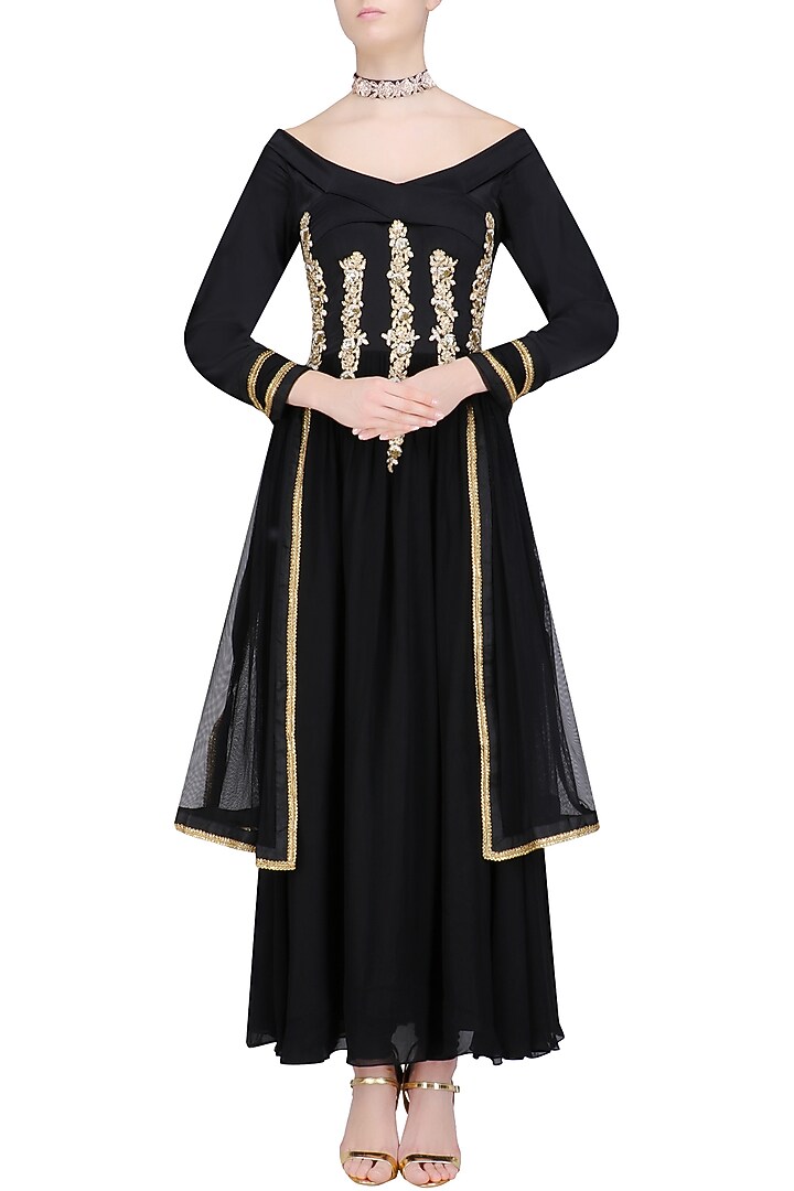 Black embroidered off shoulder anarkali set with embellished choker available only at Pernia's Pop Up Shop.