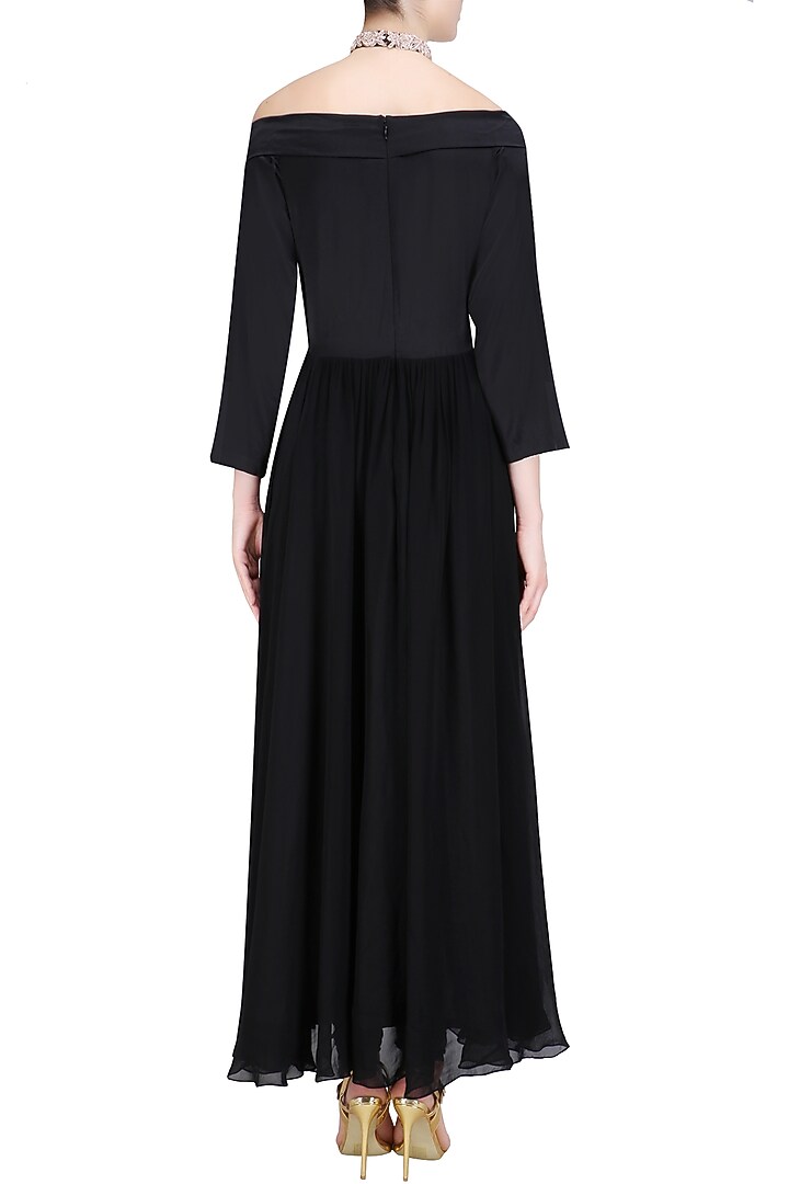 Black embroidered off shoulder anarkali set with embellished choker available only at Pernia's Pop Up Shop.