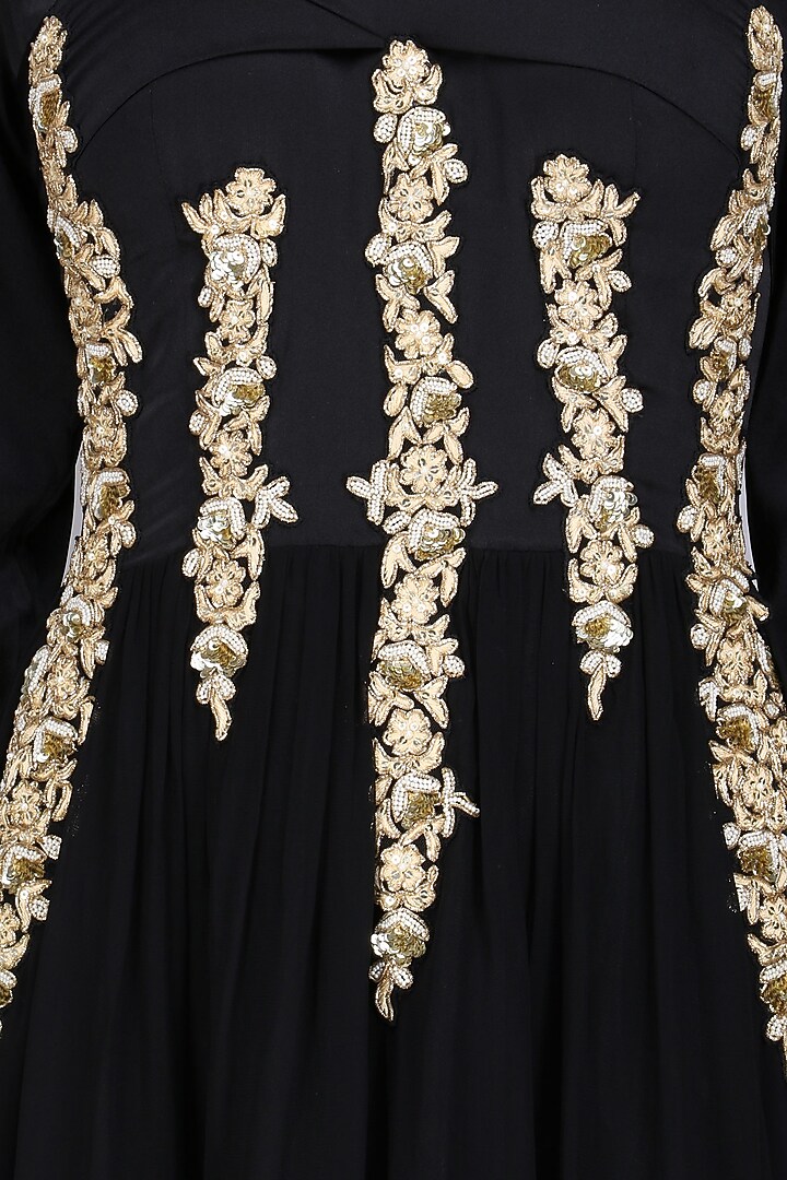 Black embroidered off shoulder anarkali set with embellished choker available only at Pernia's Pop Up Shop.