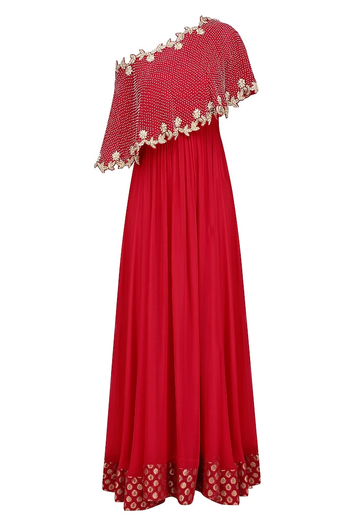Red Embroidered One Off Shoulder Cape Anarkali Set by Chhavvi Aggarwal