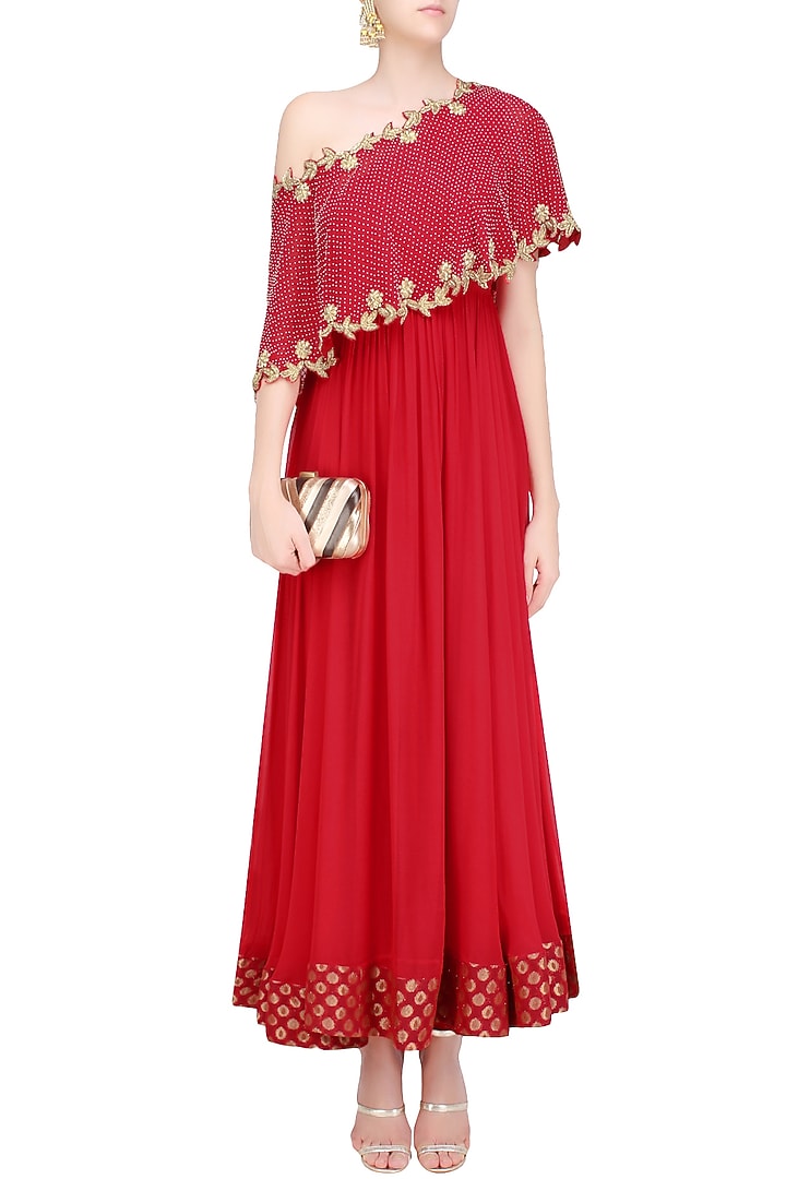 Red embroidered one off shoulder cape anarkali set available only at Pernia's Pop Up Shop.