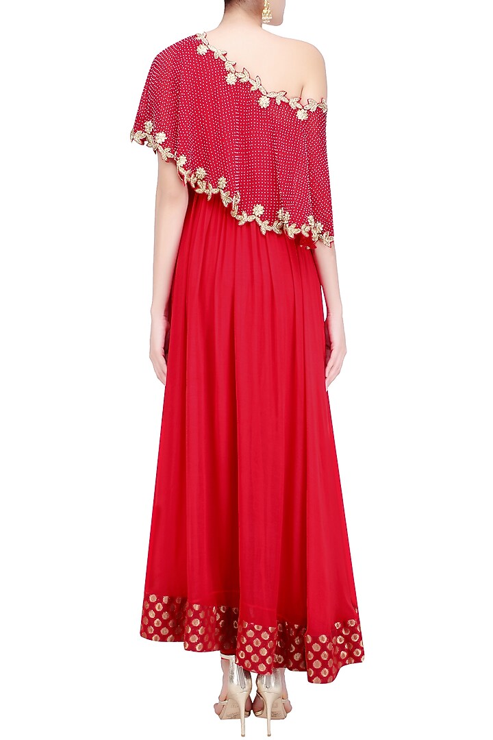 Red embroidered one off shoulder cape anarkali set available only at Pernia's Pop Up Shop.