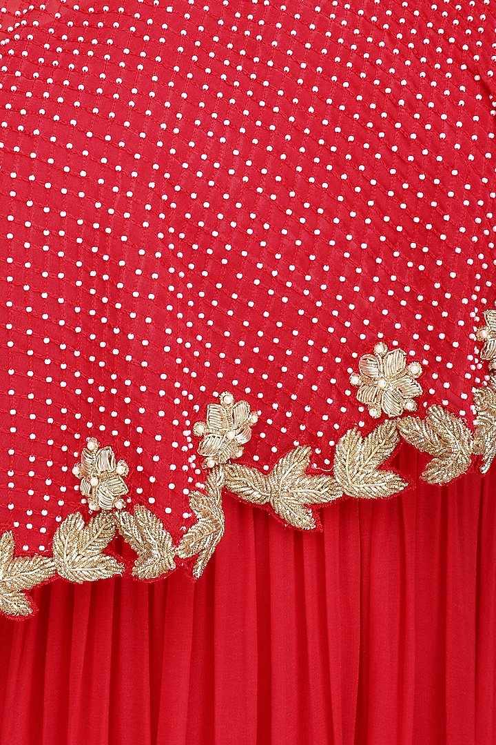 Red embroidered one off shoulder cape anarkali set available only at Pernia's Pop Up Shop.