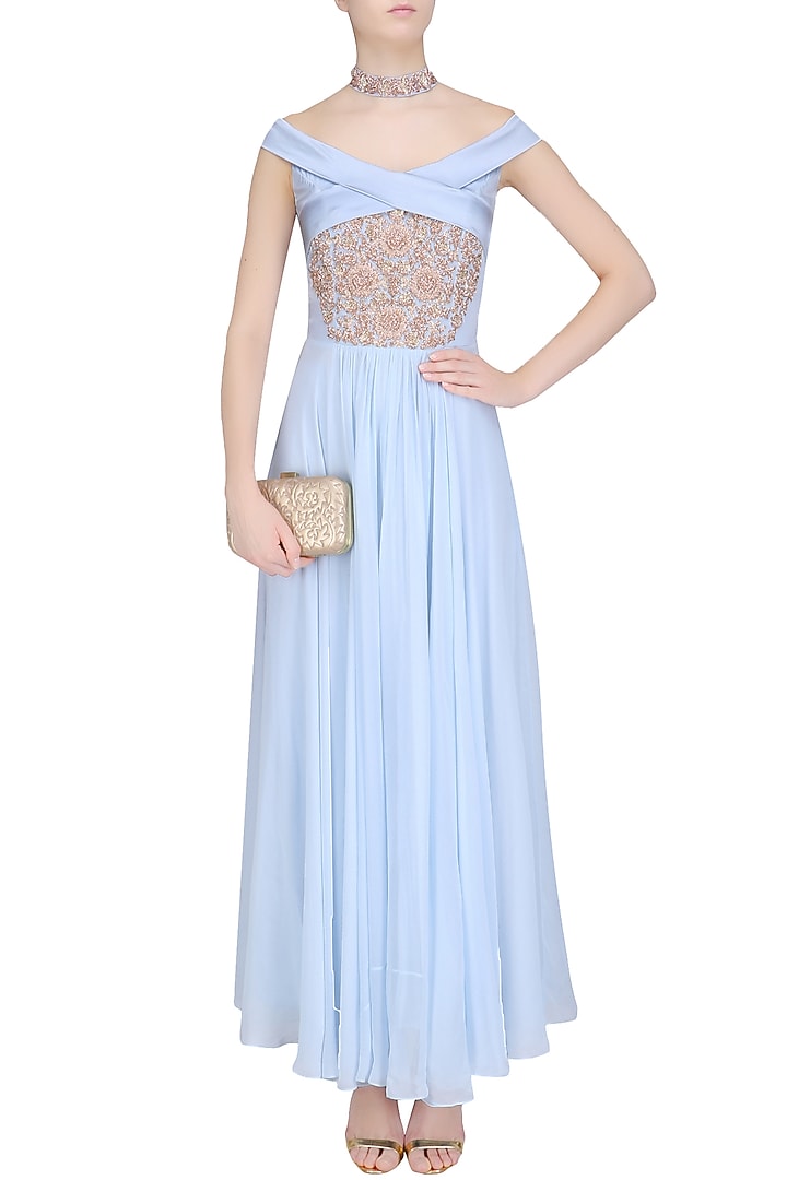 Ice blue embroidered off shoulder anarkali set with embellished choker available only at Pernia's Pop Up Shop.