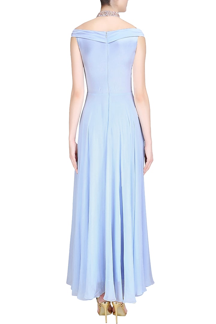 Ice blue embroidered off shoulder anarkali set with embellished choker available only at Pernia's Pop Up Shop.