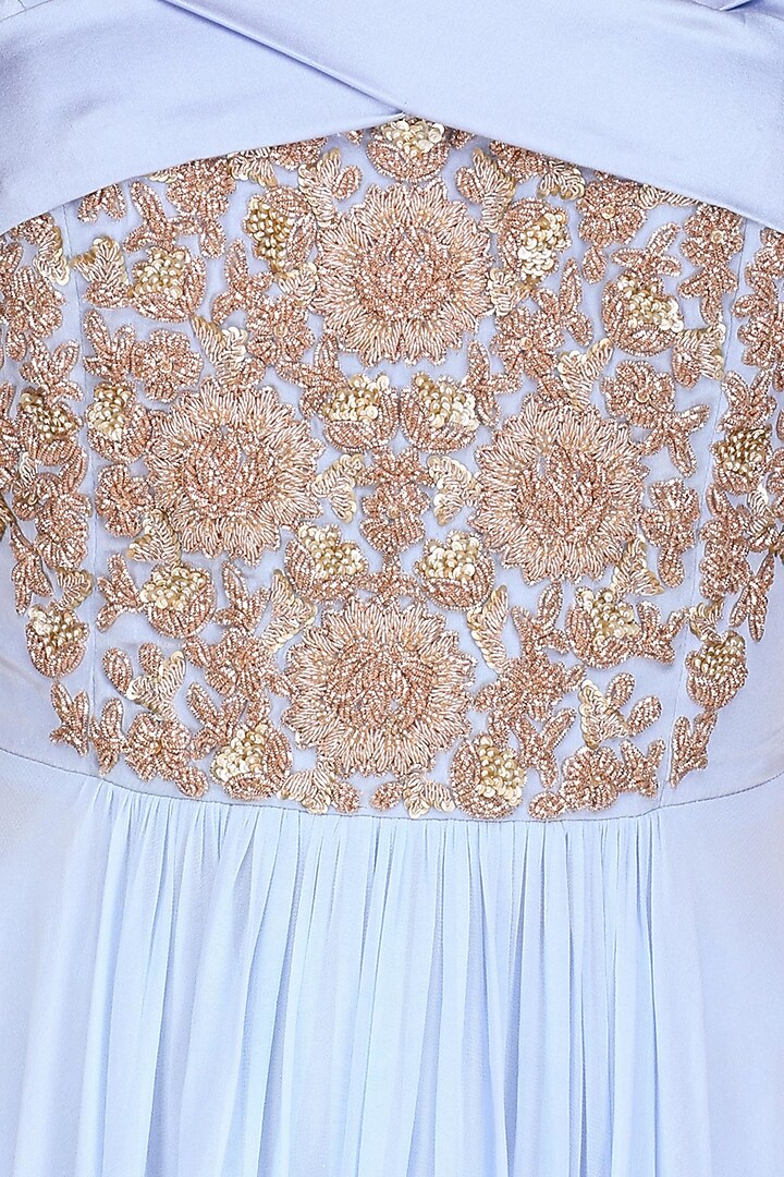 Ice blue embroidered off shoulder anarkali set with embellished choker available only at Pernia's Pop Up Shop.