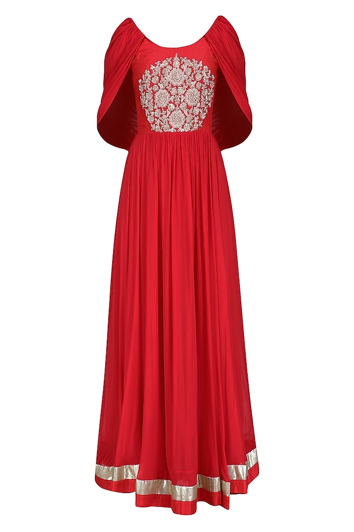 Red Embroidered Cape Anarkali Set by Chhavvi Aggarwal