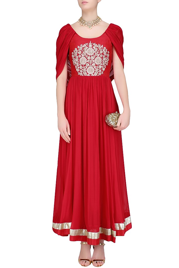 Red embroidered cape anarkali set available only at Pernia's Pop Up Shop.