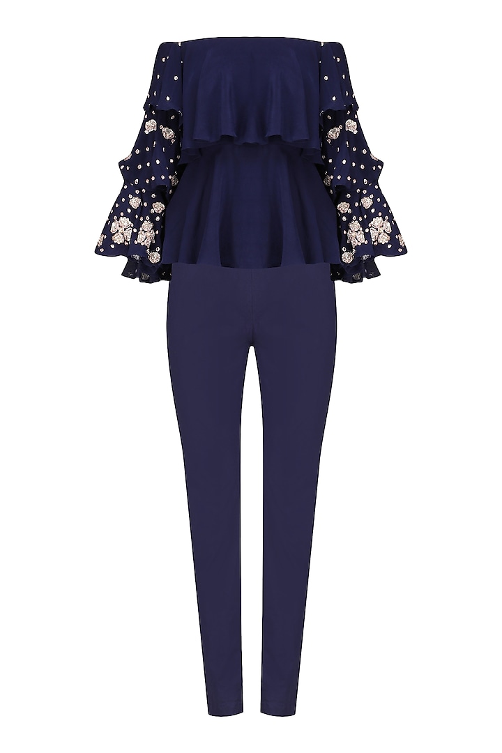 Navy Embroidered Off Shoulder Top with Pants and Embellished Choker by Chhavvi Aggarwal
