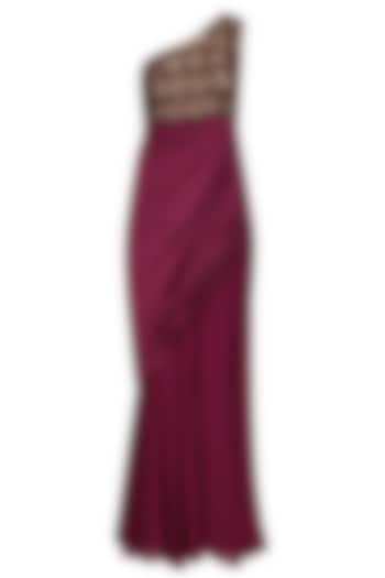 Wine Embroidered One Shoulder Draped Gown by Chhavvi Aggarwal