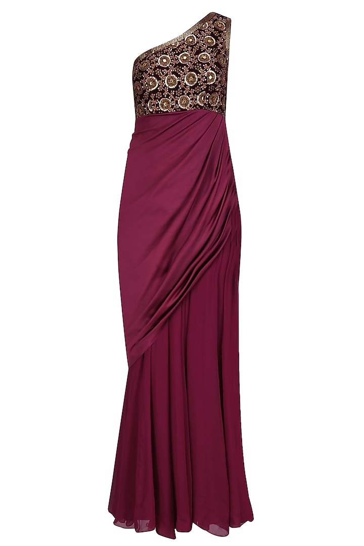 Wine Embroidered One Shoulder Draped Gown by Chhavvi Aggarwal