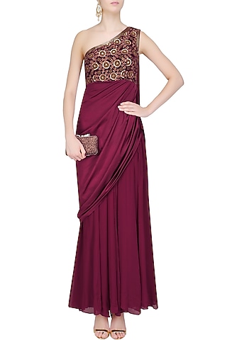 Wine Embroidered One Shoulder Draped Gown by Chhavvi Aggarwal