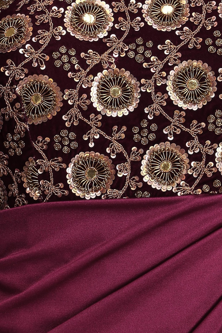 Wine embroidered one shoulder draped gown available only at Pernia's Pop Up Shop.