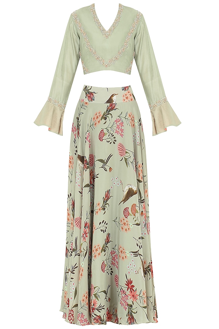 Sage Green Silk Top with Floral Printed Skirt by Chhavvi Aggarwal