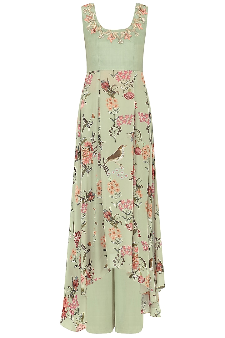 Sage Green Floral Printed Top and Wide Legged Pants by Chhavvi Aggarwal