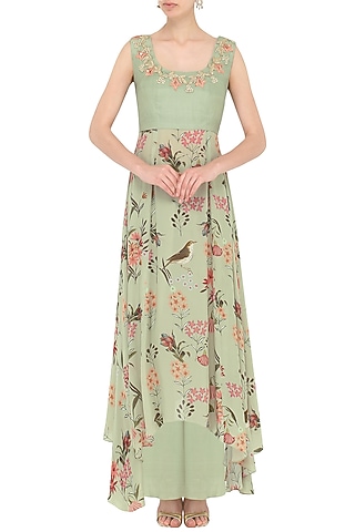 Sage Green Floral Printed Top and Wide Legged Pants by Chhavvi Aggarwal