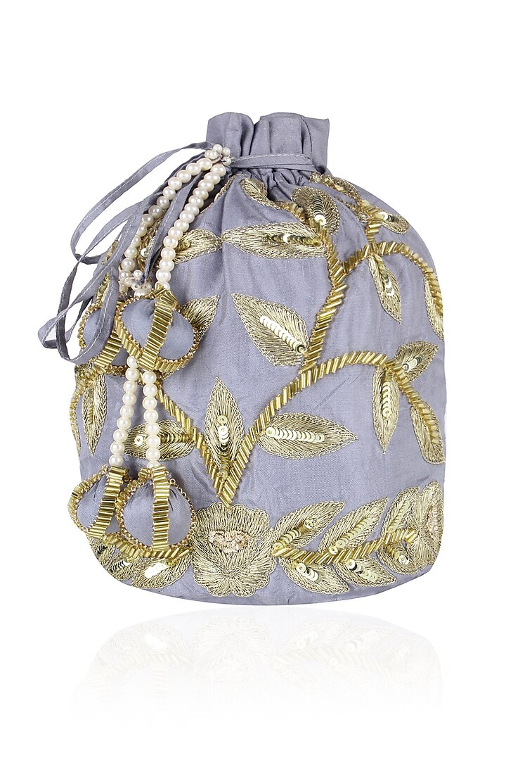 Grey and Gold Dori Leaf Embroidered Potli Bag by Chhavvi Aggarwal
