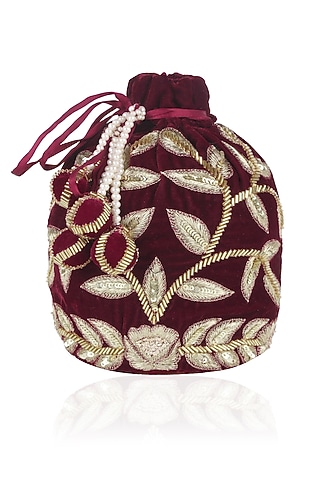 Wine and Gold Dori Leaf Embroidered Potli Bag by Chhavvi Aggarwal