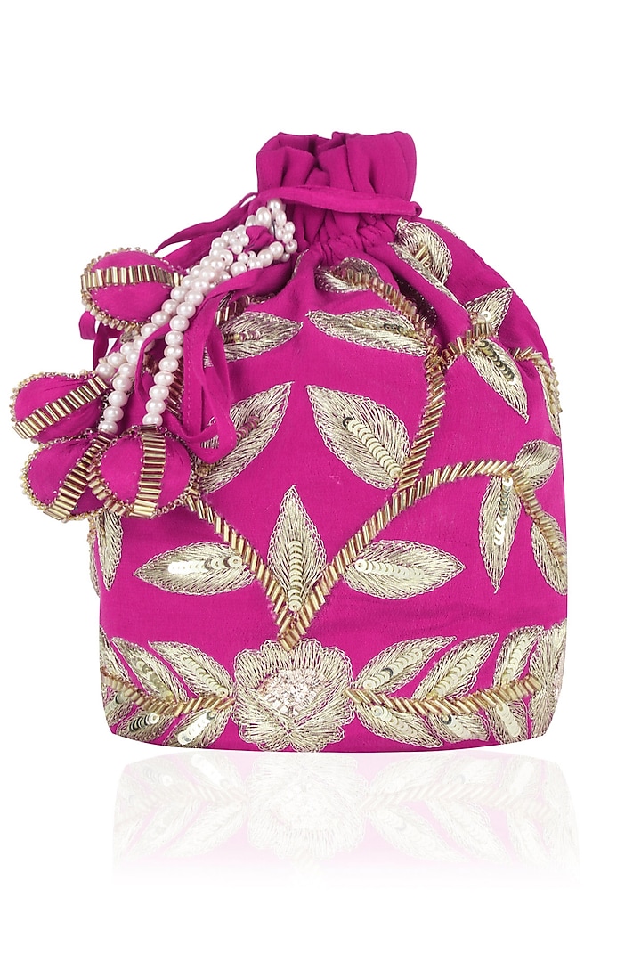 Hot Pink and Gold Dori Leaf Embroidered Potli Bag by Chhavvi Aggarwal