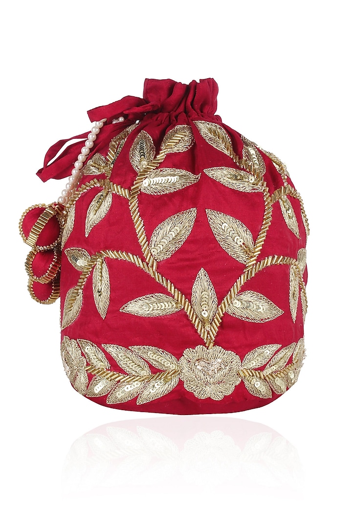 Red and Gold Dori Leaf Embroidered Potli Bag by Chhavvi Aggarwal