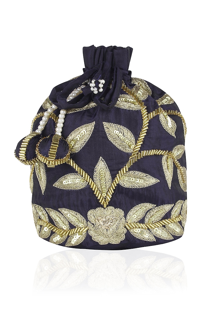 Navy Blue and Gold Dori Leaf Embroidered Potli Bag by Chhavvi Aggarwal