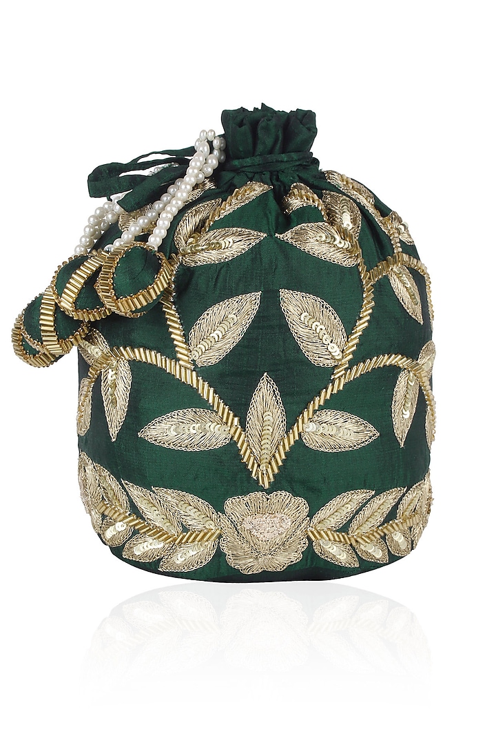 Emerald Green and Gold Dori Leaf Embroidered Potli Bag by Chhavvi Aggarwal