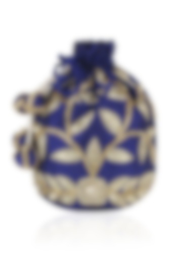 Ink Blue and Gold Dori Leaf Embroidered Potli Bag by Chhavvi Aggarwal