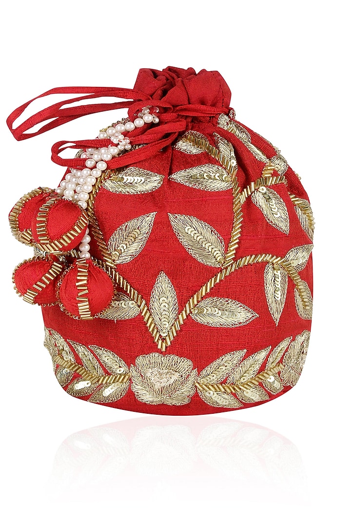 Bright Red and Gold Dori Leaf Embroidered Potli Bag by Chhavvi Aggarwal