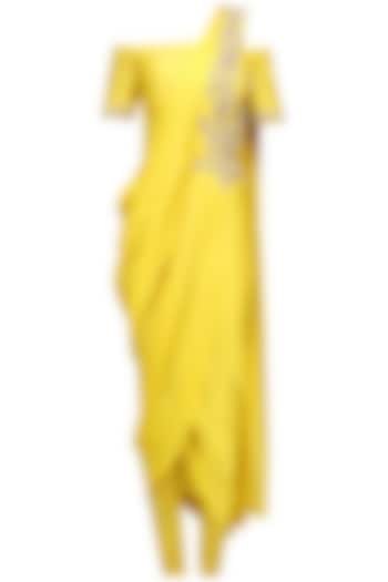 Yellow Floral Embroidered Off Shoulder Drape Saree by Chhavvi Aggarwal