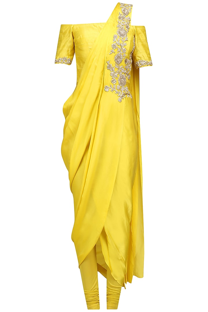 Yellow Floral Embroidered Off Shoulder Drape Saree by Chhavvi Aggarwal