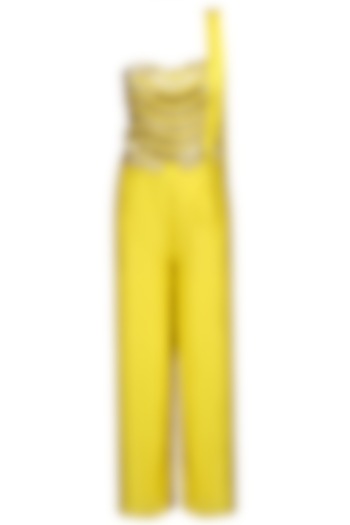 Yellow and  Gold Fringe Detail Jumpsuit by Chhavvi Aggarwal