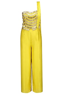 Yellow and gold fringe detail jumpsuit available only at Pernia's Pop ...