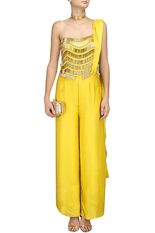 Yellow and  Gold Fringe Detail Jumpsuit by Chhavvi Aggarwal