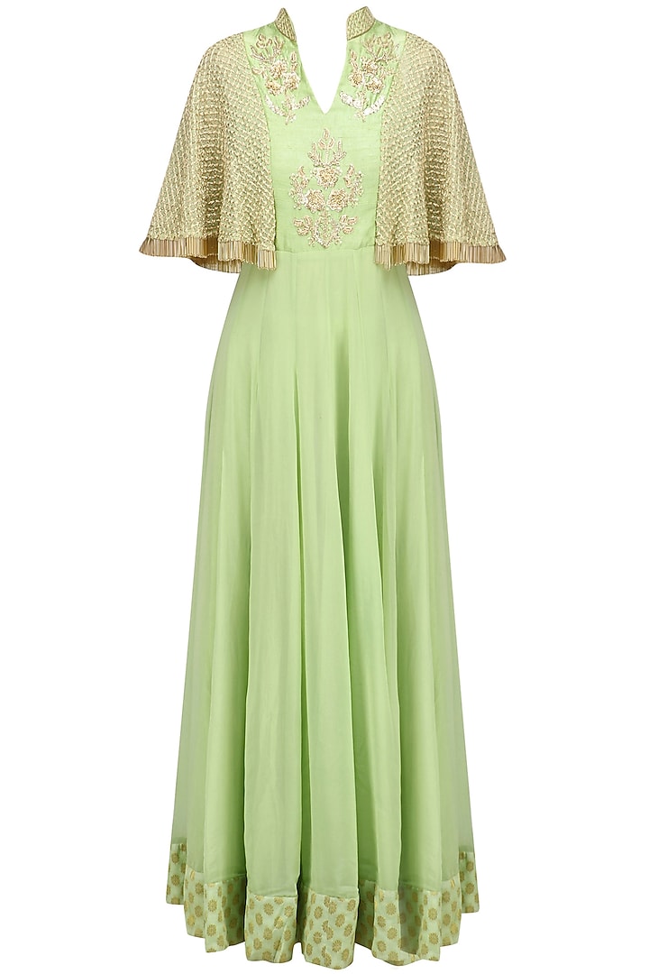 Green Floral Embroidered Cape Anarkali by Chhavvi Aggarwal