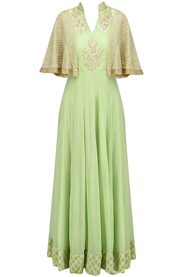 Green floral embroidered cape anarkali available only at Pernia's Pop Up Shop.